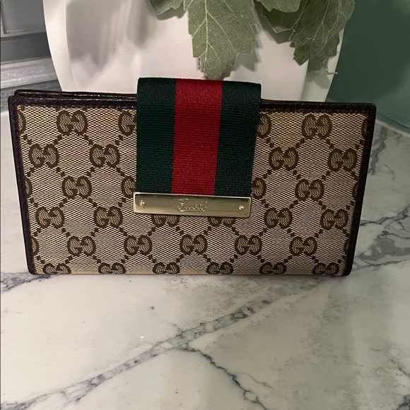 Gucci Handbags - Gucci Brown GG Canvas Wallet with Green and Red Web